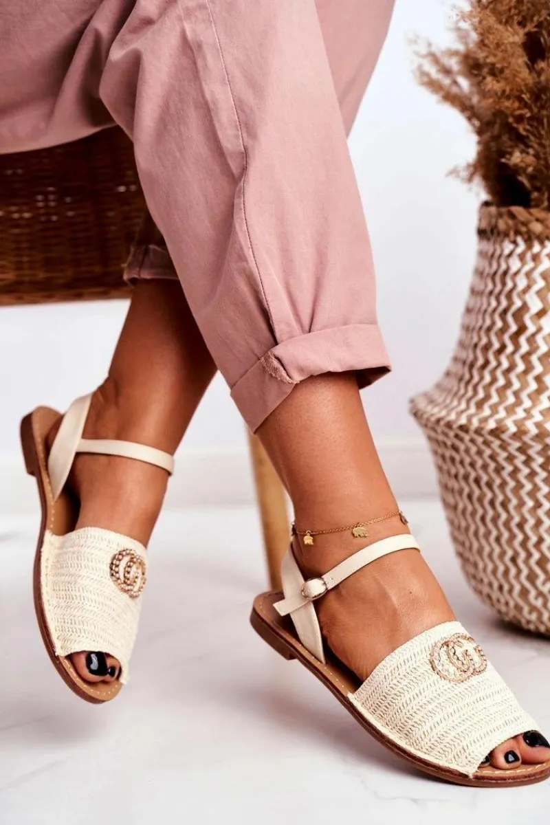 Discount Beżowe Damskie Płaskie Sandałki Lu Boo Plecione Felicia Damskie Sandały Płaskie