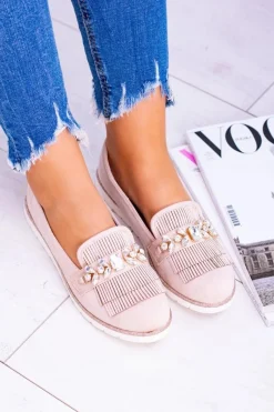 Best Beżowe Zamszowe Mokasyny z Kryształami Vivaro Damskie Mokasyny Damskie Zamszowe