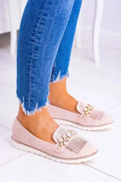 Best Beżowe Zamszowe Mokasyny z Kryształami Vivaro Damskie Mokasyny Damskie Zamszowe