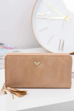 Beżowy Damski Duży Portfel Brelok Złote Serce Portfele