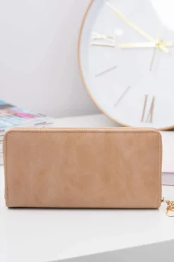 Beżowy Damski Duży Portfel Brelok Złote Serce Portfele