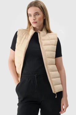 Bluzy Damskie|Odzież 4F>4F Bezrękawnik Damski Puchowy Ze Stójką WAW24TVJAF139-83S Beżowy