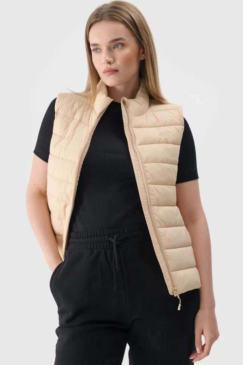 Bluzy Damskie|Odzież 4F>4F Bezrękawnik Damski Puchowy Ze Stójką WAW24TVJAF139-83S Beżowy