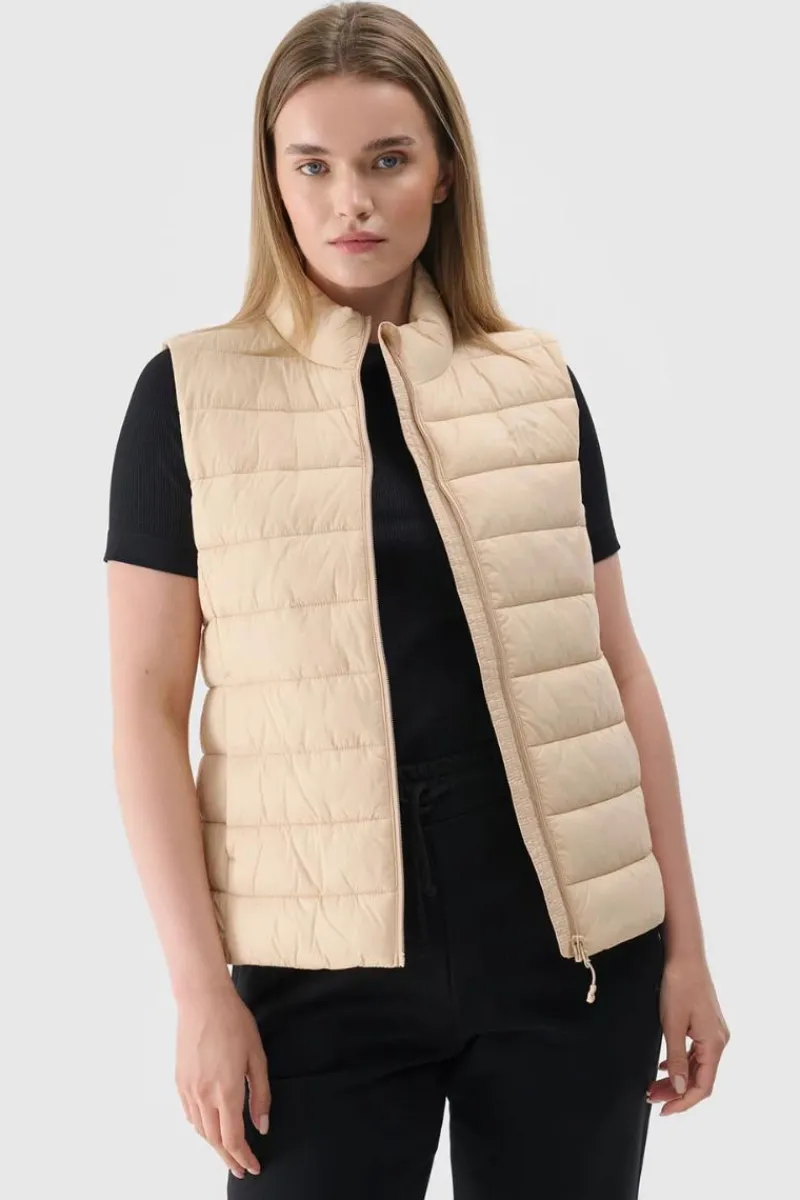 Bluzy Damskie|Odzież 4F>4F Bezrękawnik Damski Puchowy Ze Stójką WAW24TVJAF139-83S Beżowy