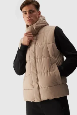 Kurtki Męskie|Odzież 4F>4F Bezrękawnik Puchowy Męski Z Kapturem WAW24TVJAM144-83S Beżowy