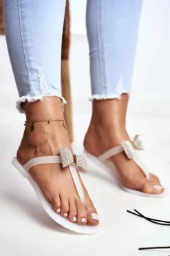 Klapki Sportowe|Klapki Damskie Japonki>Boto Białe Damskie Klapki Japonki Meliski z Kokardką Cekiny Morello