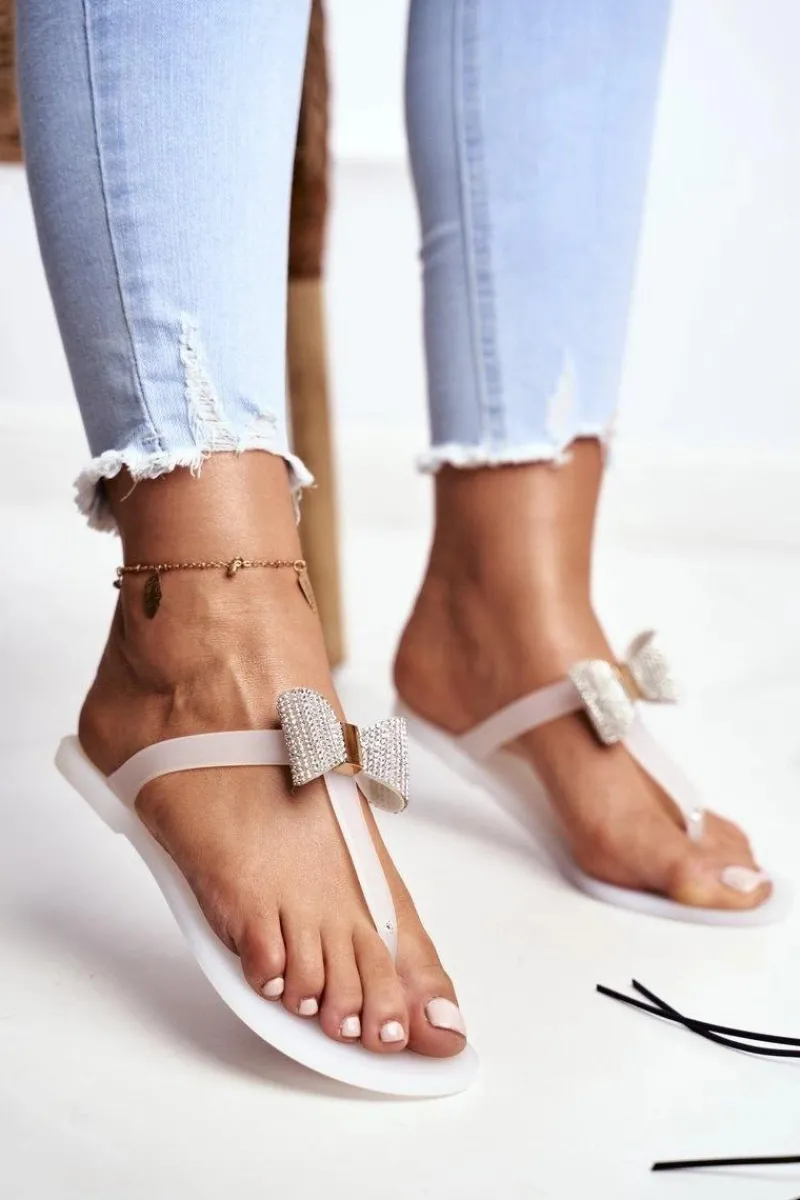 Klapki Sportowe|Klapki Damskie Japonki>Boto Białe Damskie Klapki Japonki Meliski z Kokardką Cekiny Morello