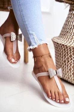 Klapki Sportowe|Klapki Damskie Japonki>Boto Białe Damskie Klapki Japonki Meliski z Kokardką Cekiny Morello