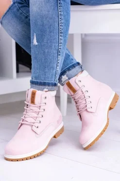 Outlet Big Star Botki Damskie Timberki Traperki Pudrowy Róż Timon Damskie Damskie Trapery|Botki Sznurowane