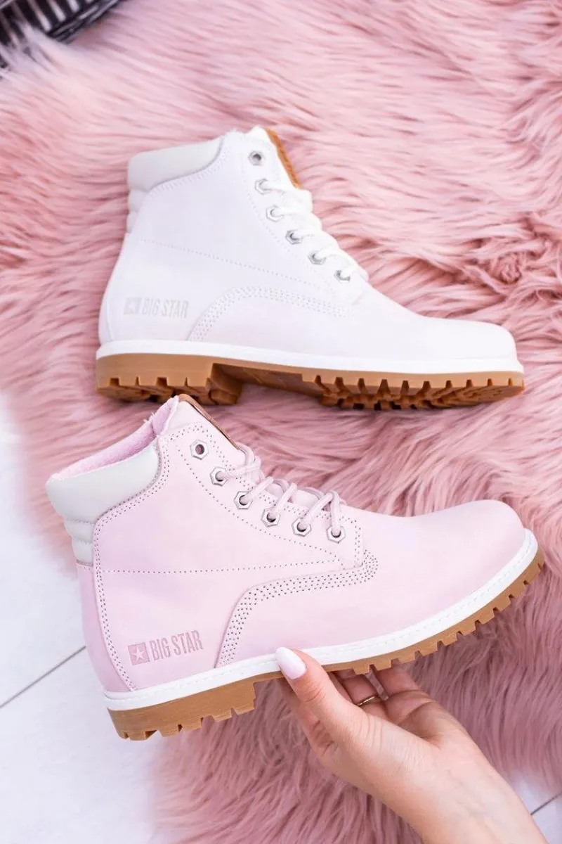 Outlet Big Star Botki Damskie Timberki Traperki Pudrowy Róż Timon Damskie Damskie Trapery|Botki Sznurowane