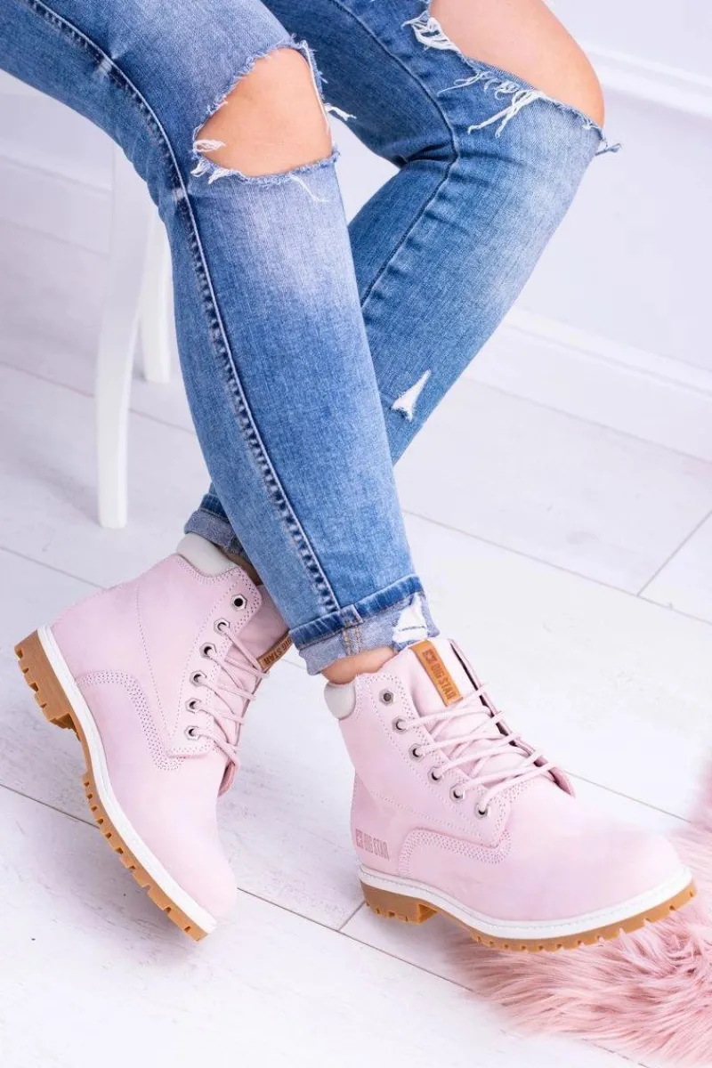 Outlet Big Star Botki Damskie Timberki Traperki Pudrowy Róż Timon Damskie Damskie Trapery|Botki Sznurowane