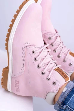 Outlet Big Star Botki Damskie Timberki Traperki Pudrowy Róż Timon Damskie Damskie Trapery|Botki Sznurowane