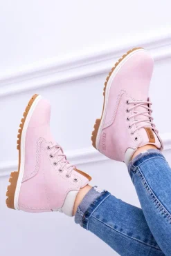 Outlet Big Star Botki Damskie Timberki Traperki Pudrowy Róż Timon Damskie Damskie Trapery|Botki Sznurowane