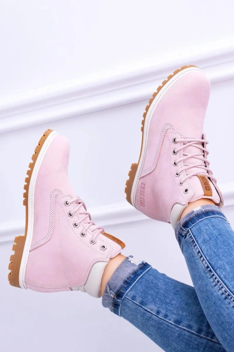 Outlet Big Star Botki Damskie Timberki Traperki Pudrowy Róż Timon Damskie Damskie Trapery|Botki Sznurowane