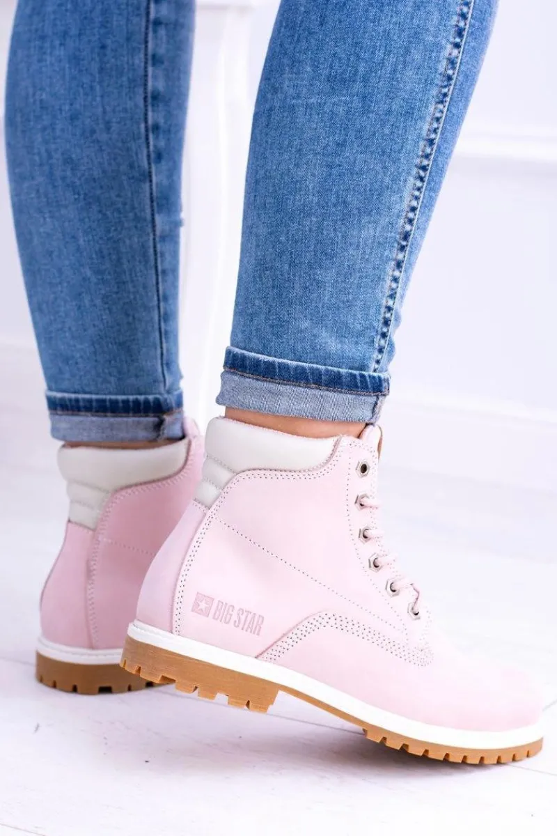 Outlet Big Star Botki Damskie Timberki Traperki Pudrowy Róż Timon Damskie Damskie Trapery|Botki Sznurowane