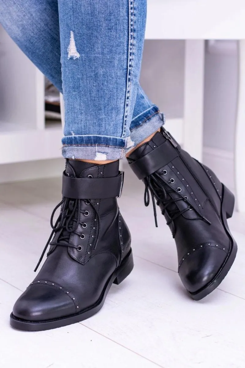 Botki Sznurowane|Botki Płaskie>Big Star Shoes BIG STAR WYSOKIE BOTKI SZTYBLETY SKÓRZANE BB274612