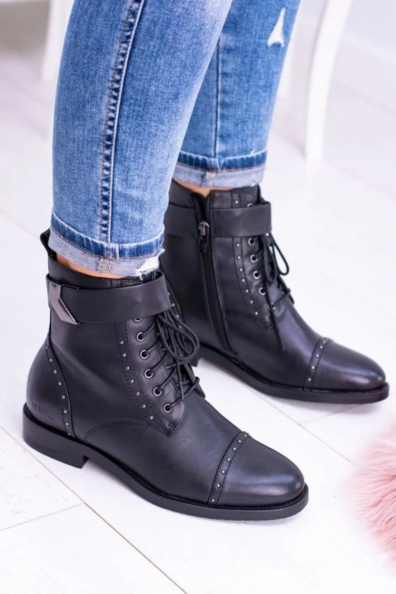 Botki Sznurowane|Botki Płaskie>Big Star Shoes BIG STAR WYSOKIE BOTKI SZTYBLETY SKÓRZANE BB274612