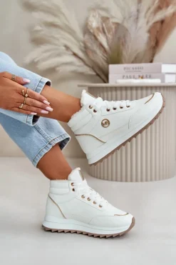 Outlet Botki Buty Sportowe Damskie Ocieplane Na Platformie Białe Ariatte Damskie Damskie Trapery|Botki Sznurowane