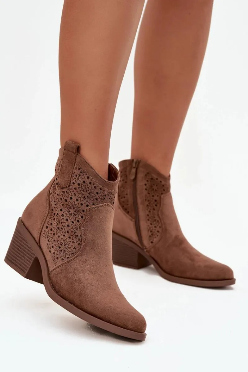 Sale Damskie buty S.Barski Botki Damskie Ażurowe Na Obcasie S.Barski HY52-529 Brązowe Brązowy