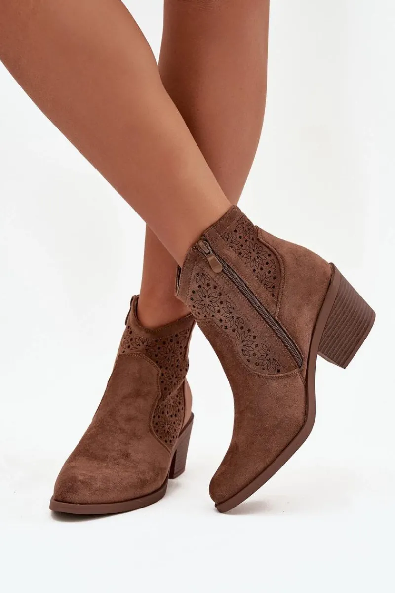 Sale Damskie buty S.Barski Botki Damskie Ażurowe Na Obcasie S.Barski HY52-529 Brązowe Brązowy