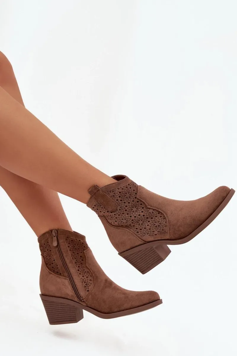 Sale Damskie buty S.Barski Botki Damskie Ażurowe Na Obcasie S.Barski HY52-529 Brązowe Brązowy