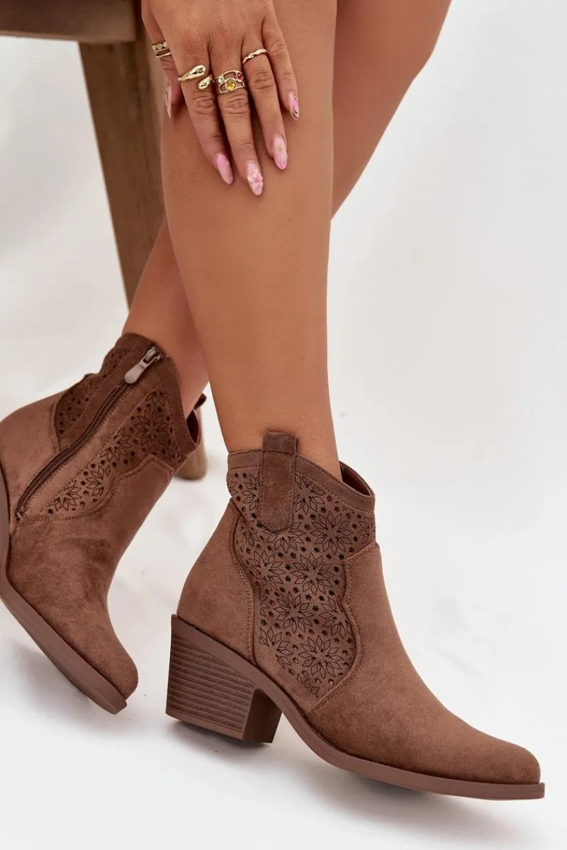 Sale Damskie buty S.Barski Botki Damskie Ażurowe Na Obcasie S.Barski HY52-529 Brązowe Brązowy