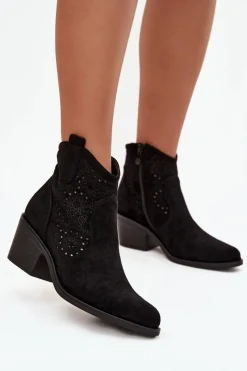 Botki Na Słupku|Botki Na Obcasie>Damskie buty S.Barski Botki Damskie Ażurowe Na Obcasie S.Barski HY52-529 Czarne Czarny