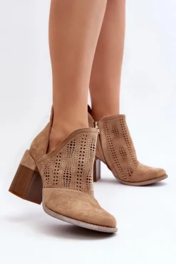 Best Boto Botki Damskie Ażurowe Na Słupku Beżowe Niartima