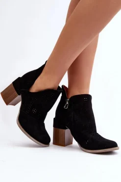 New Boto Botki Damskie Ażurowe Na Słupku Czarne Niartima Czarny