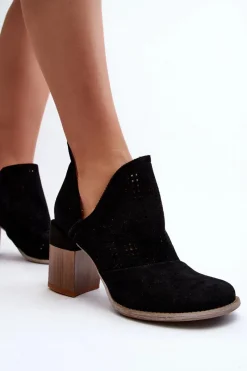 New Boto Botki Damskie Ażurowe Na Słupku Czarne Niartima Czarny