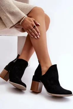 New Boto Botki Damskie Ażurowe Na Słupku Czarne Niartima Czarny