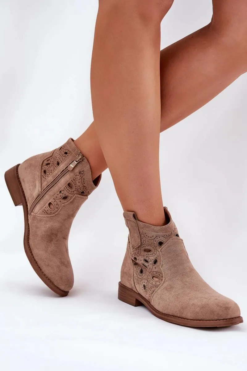 Discount Botki Damskie Ażurowe Na Zamek Beżowe S.Barski HY42-081 Damskie Botki Ażurowe|Botki Płaskie