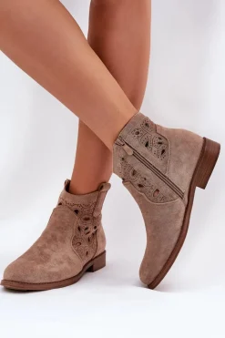 Discount Botki Damskie Ażurowe Na Zamek Beżowe S.Barski HY42-081 Damskie Botki Ażurowe|Botki Płaskie