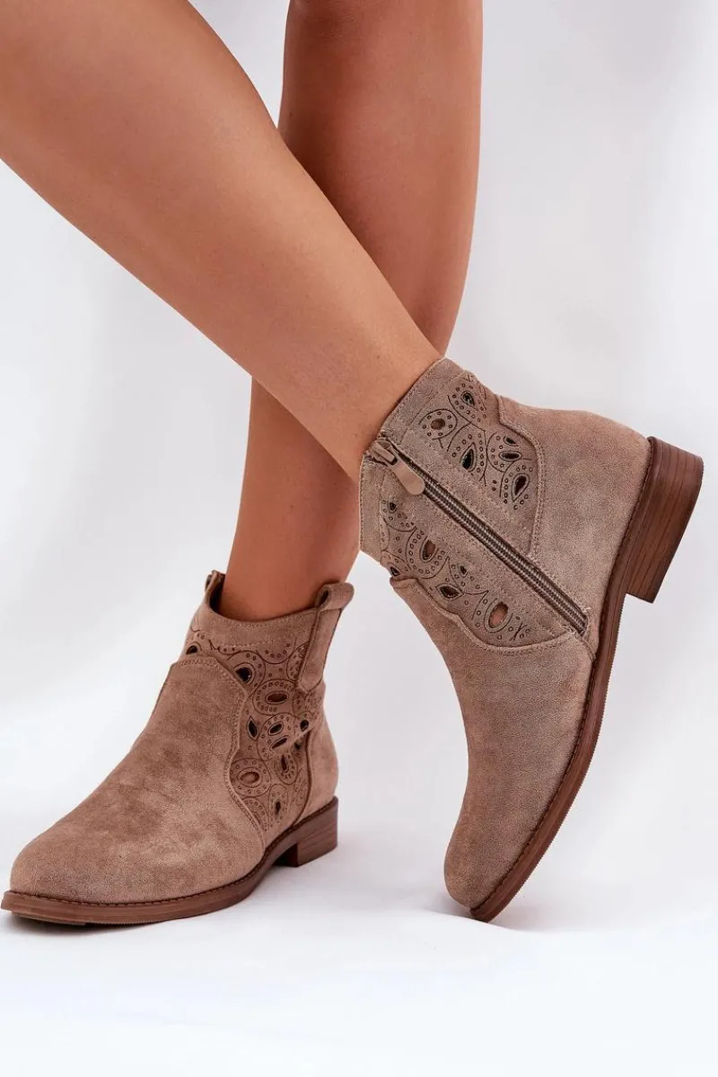 Discount Botki Damskie Ażurowe Na Zamek Beżowe S.Barski HY42-081 Damskie Botki Ażurowe|Botki Płaskie