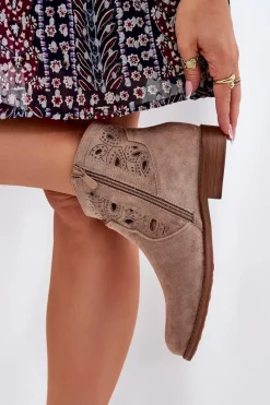 Discount Botki Damskie Ażurowe Na Zamek Beżowe S.Barski HY42-081 Damskie Botki Ażurowe|Botki Płaskie