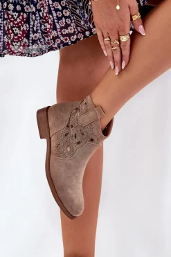 Discount Botki Damskie Ażurowe Na Zamek Beżowe S.Barski HY42-081 Damskie Botki Ażurowe|Botki Płaskie