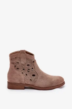 Discount Botki Damskie Ażurowe Na Zamek Beżowe S.Barski HY42-081 Damskie Botki Ażurowe|Botki Płaskie