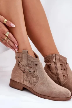 Discount Botki Damskie Ażurowe Na Zamek Beżowe S.Barski HY42-081 Damskie Botki Ażurowe|Botki Płaskie