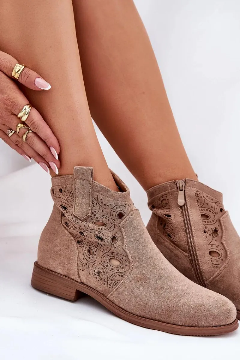 Discount Botki Damskie Ażurowe Na Zamek Beżowe S.Barski HY42-081 Damskie Botki Ażurowe|Botki Płaskie