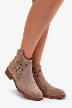 Discount Botki Damskie Ażurowe Na Zamek Beżowe S.Barski HY42-081 Damskie Botki Ażurowe|Botki Płaskie