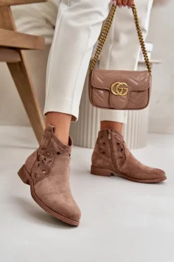 Botki Ażurowe|Botki Płaskie>Damskie buty S.Barski Botki Damskie Ażurowe Na Zamek Brązowe S.Barski HY42-081