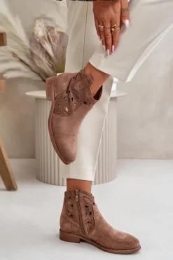 Botki Ażurowe|Botki Płaskie>Damskie buty S.Barski Botki Damskie Ażurowe Na Zamek Brązowe S.Barski HY42-081
