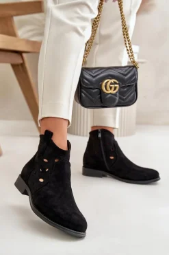 Discount Botki Damskie Ażurowe Na Zamek Czarne S.Barski HY42-081 Damskie Botki Ażurowe|Botki Płaskie