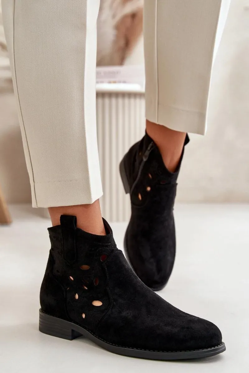 Discount Botki Damskie Ażurowe Na Zamek Czarne S.Barski HY42-081 Damskie Botki Ażurowe|Botki Płaskie