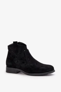 Discount Botki Damskie Ażurowe Na Zamek Czarne S.Barski HY42-081 Damskie Botki Ażurowe|Botki Płaskie