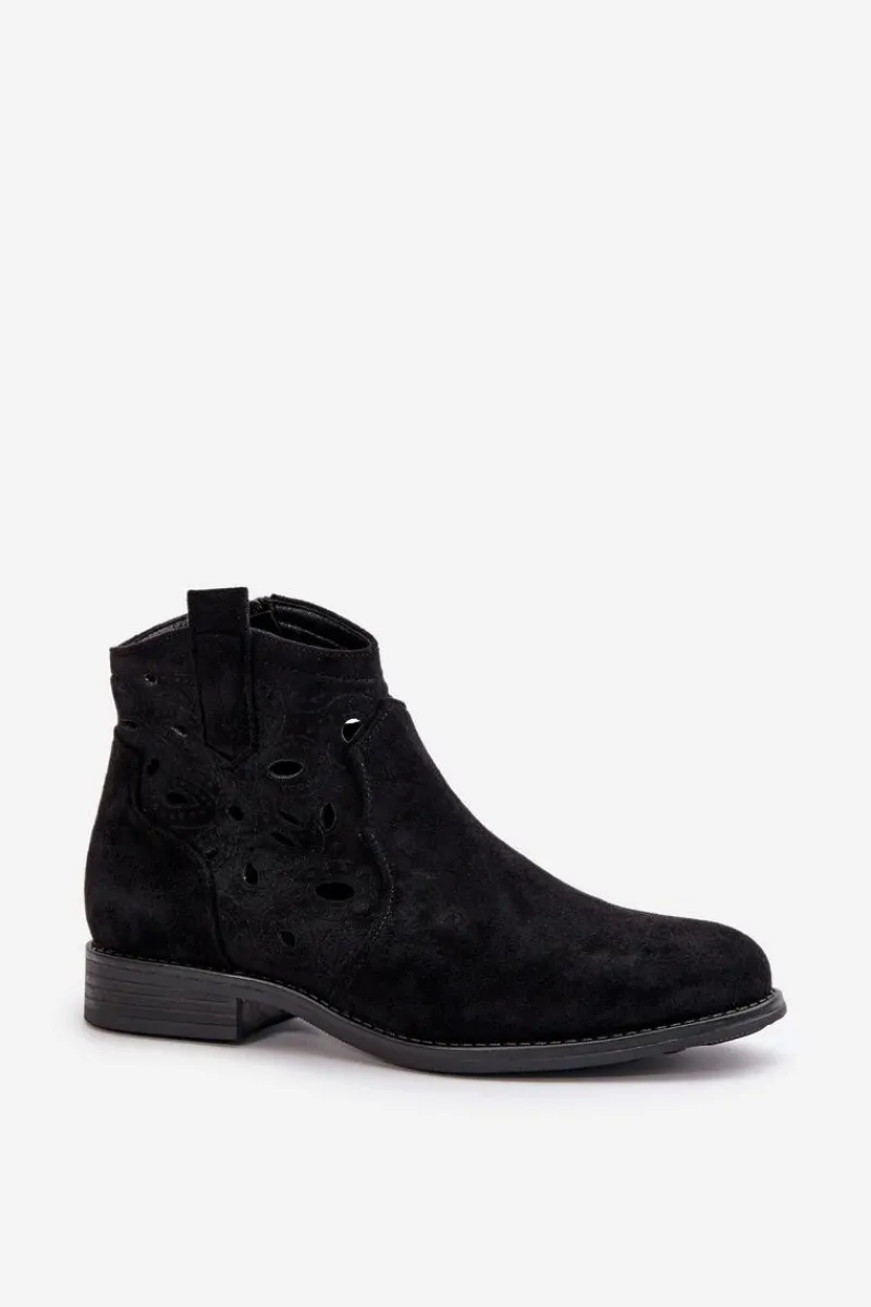 Discount Botki Damskie Ażurowe Na Zamek Czarne S.Barski HY42-081 Damskie Botki Ażurowe|Botki Płaskie