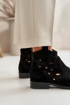Discount Botki Damskie Ażurowe Na Zamek Czarne S.Barski HY42-081 Damskie Botki Ażurowe|Botki Płaskie