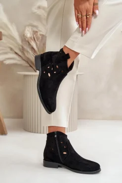 Discount Botki Damskie Ażurowe Na Zamek Czarne S.Barski HY42-081 Damskie Botki Ażurowe|Botki Płaskie
