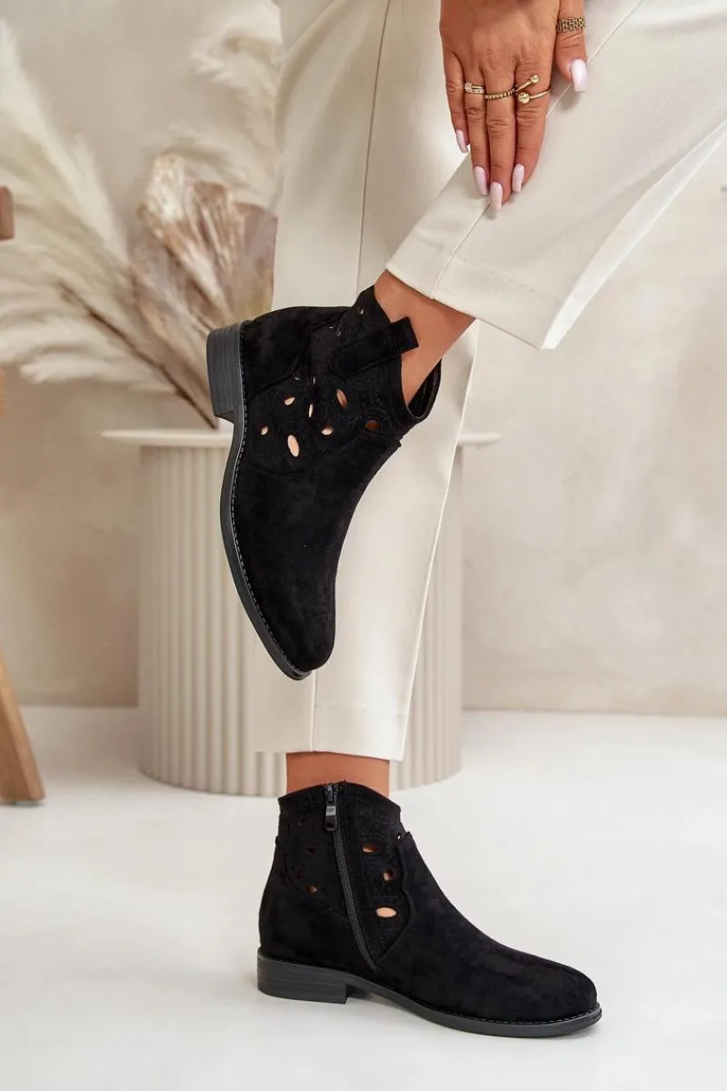 Discount Botki Damskie Ażurowe Na Zamek Czarne S.Barski HY42-081 Damskie Botki Ażurowe|Botki Płaskie