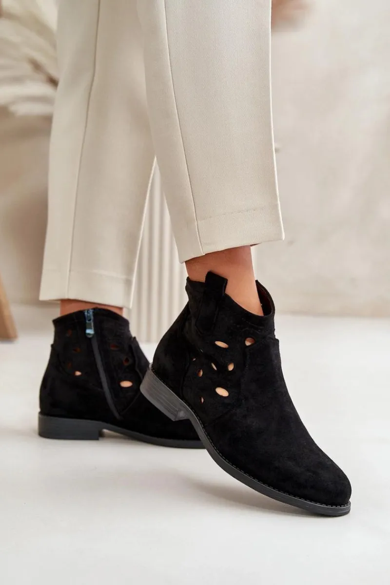 Discount Botki Damskie Ażurowe Na Zamek Czarne S.Barski HY42-081 Damskie Botki Ażurowe|Botki Płaskie